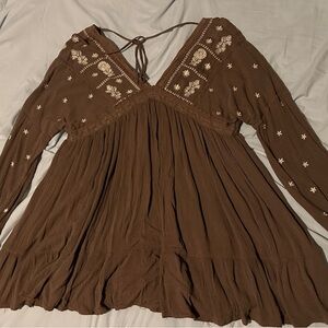 Brown Embroidered Boho Blouse